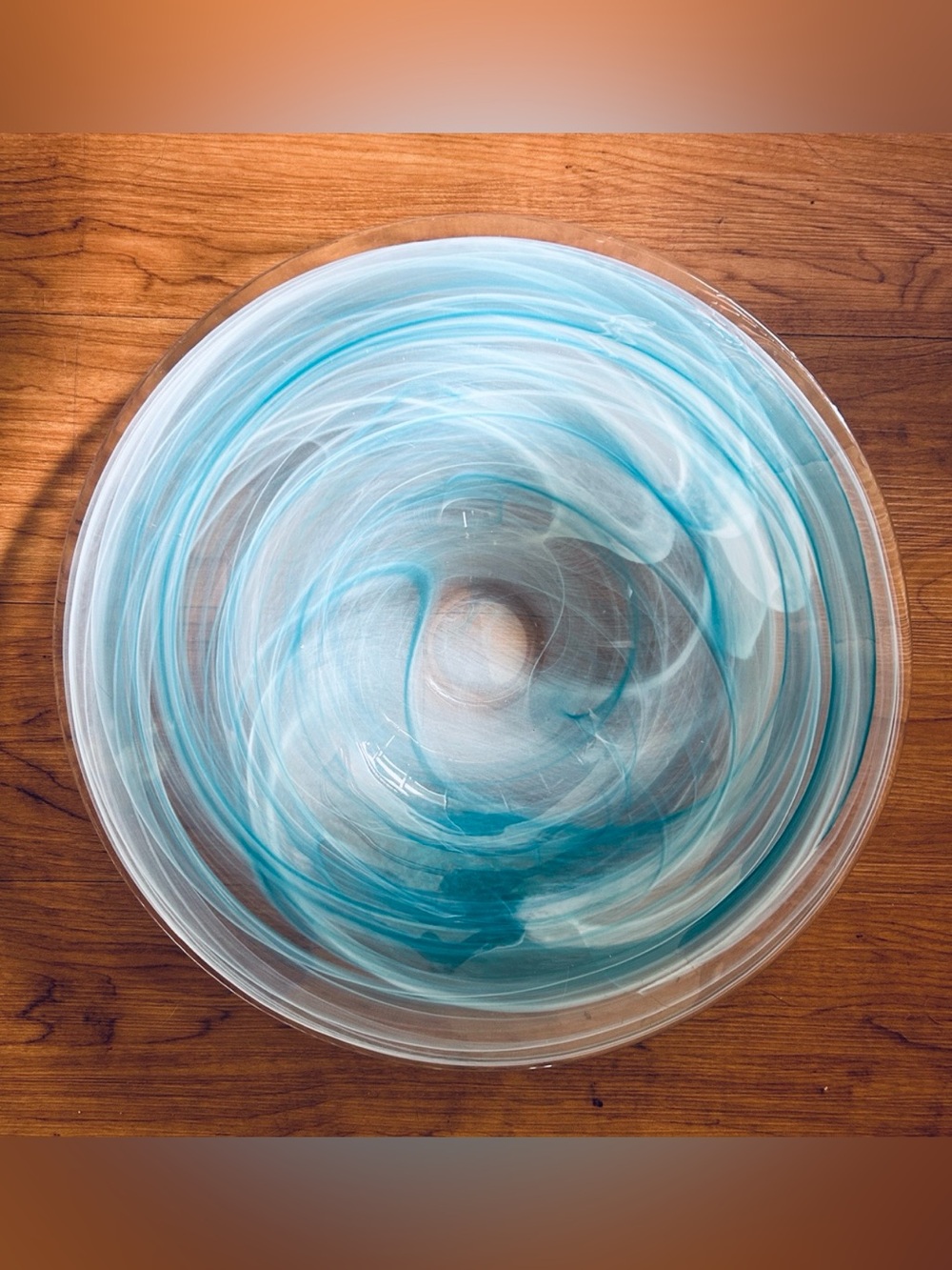 Hand Blown Art Glass Bowl Center Piece Aqua White Swirl Pattern.